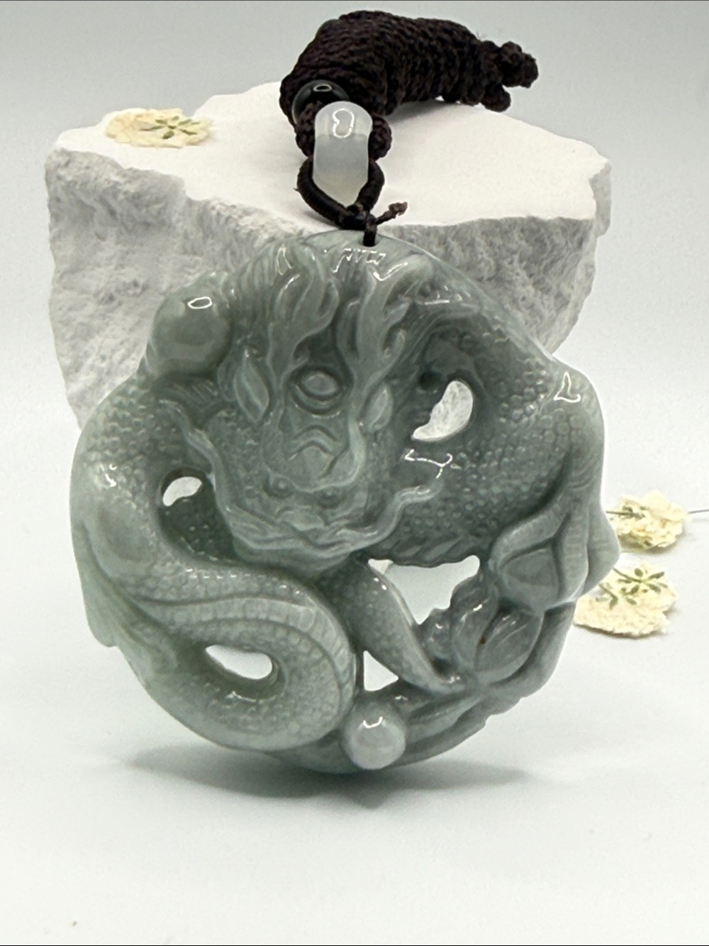 Hand-Carved Light Blue Green Jade Dragon Pendant Necklace -